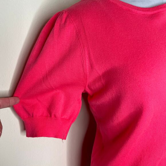 CeCe Knit Top Medium Pink Sweater Puff Sleeve Ribbed Crew Neck Cotton Minimalist - Picture 6 of 10